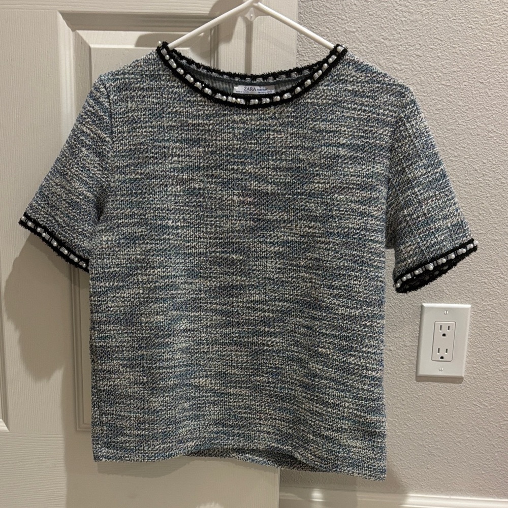 Zara Blue and Black Tweed Top with Pearl Accents